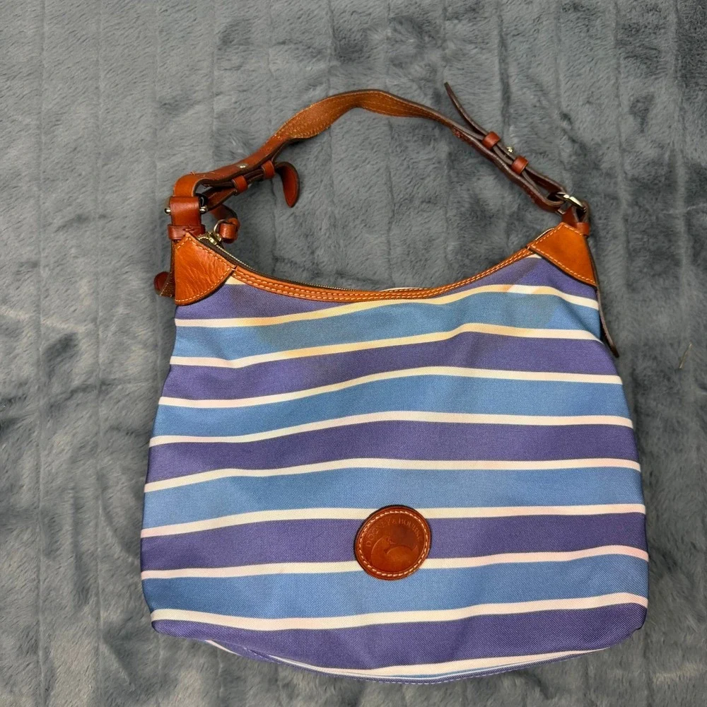 Dooney & Bourke Striped Canvas Hobo Bag Blue Purple Leather Trim Shoulder Bag